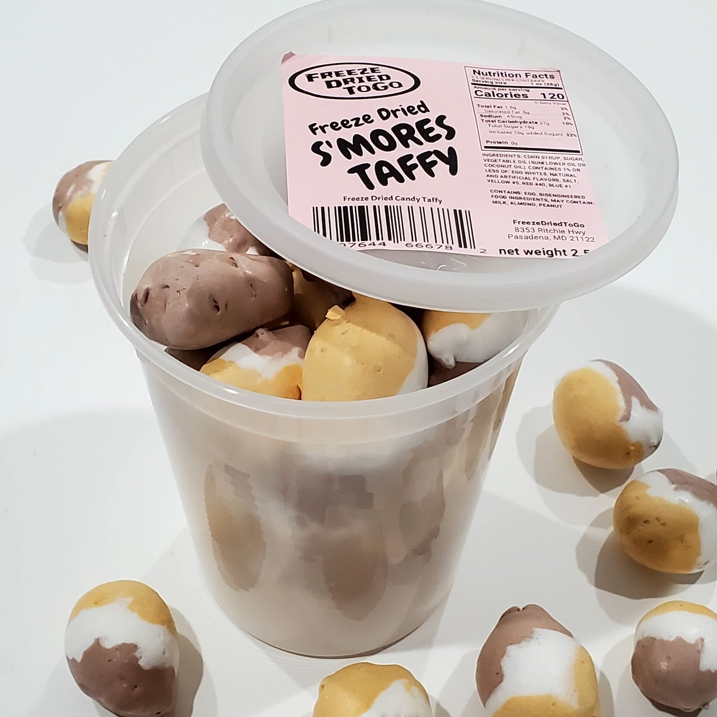 Freeze dried S'MORES TAFFY candy in quart container - FreezeDriedToGo