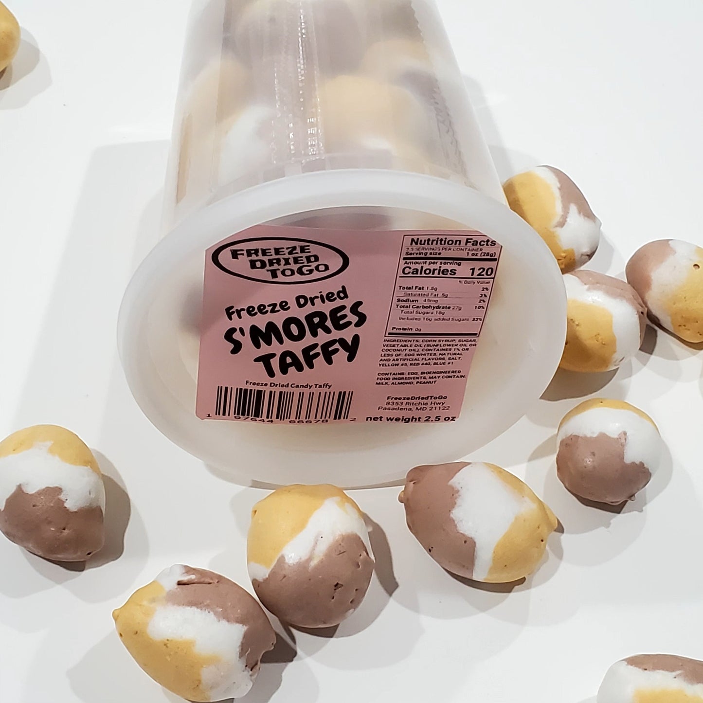 Freeze dried S'MORES TAFFY candy in quart container - FreezeDriedToGo